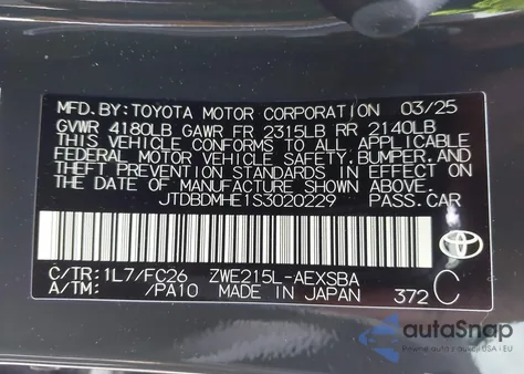 2025 Toyota Corolla Le/Se from USA, damaged, VIN JTDBDMHE1S3020229